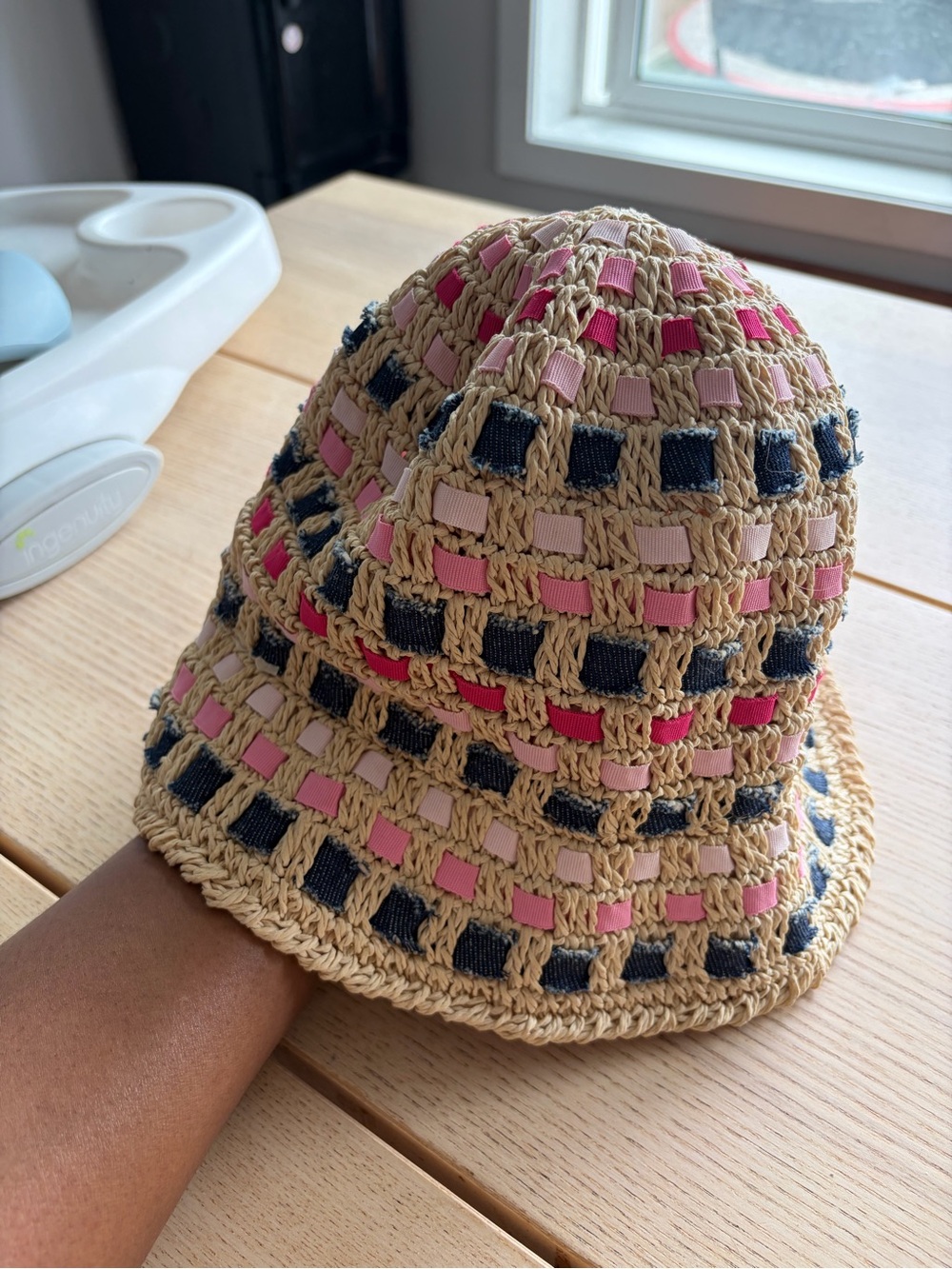 Heaslip Woven Bucket Hat - Tan with Pink & Navy Accents